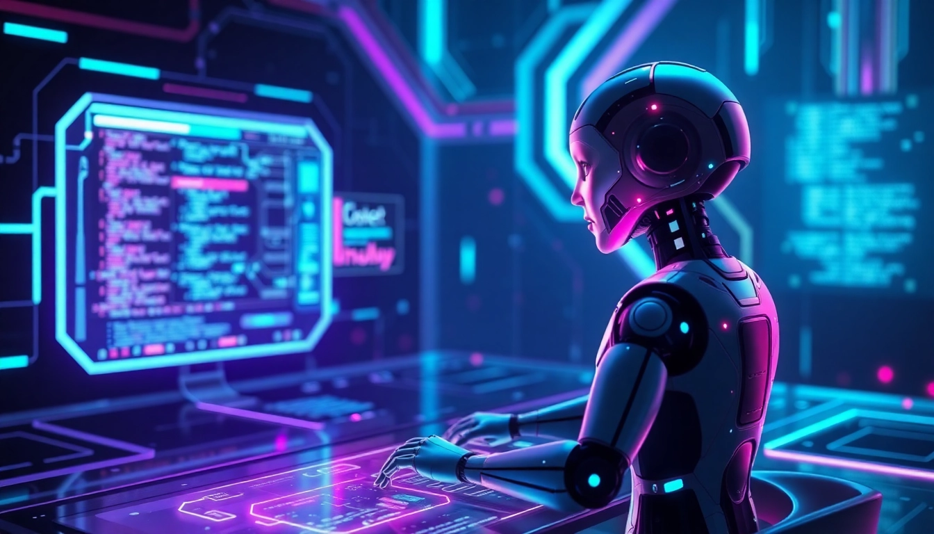 Futuristic AI interface with holographic data streams and a humanoid AI figure in a cyberpunk-inspired setting.