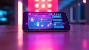 Futuristic AI chatbot interface on a device with vibrant, animated characters and glowing neon colors.