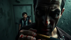 A distressed man with a hammer facing a cheerful but unsettling Harvey in a dark, grim room.