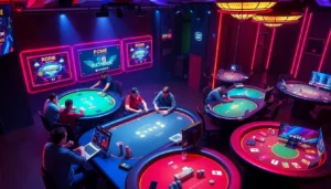 Showcase of lively Pokerbros clubs with multiple players engaging in intense poker games online, emphasizing community and variety.