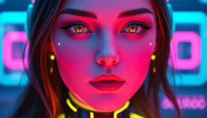 Engaging scene of a digital AI character engaging in nsfw ai chat interactions with vivid neon lights and modern interface, emphasizing unfiltered online conversations for adults.