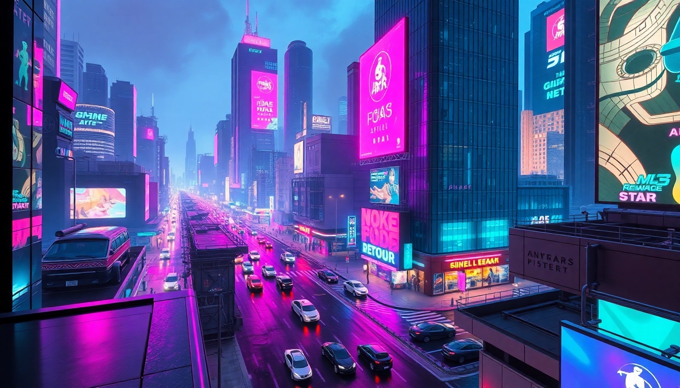 Futuristic cyberpunk cityscape at night with neon lights and skyscrapers