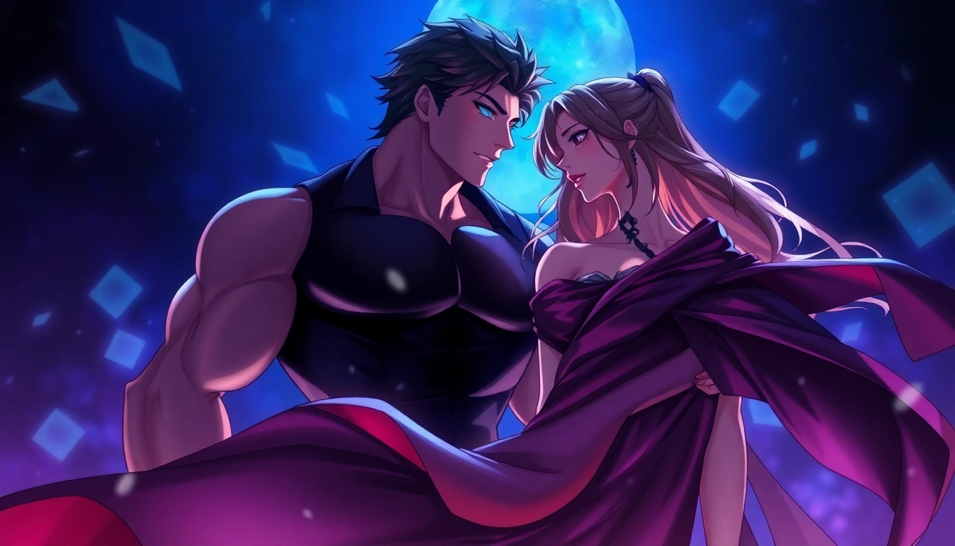 Illustration of two characters representing alpha and omega roles in a fantasy setting with a mysterious, glowing background.