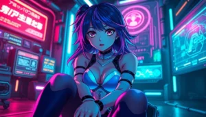 Anime-inspired futuristic character in a neon-lit high-tech room with holographic interfaces.
