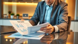 Financial advisor analyzing a Tax Guide with charts on a desk to ensure compliance and maximize