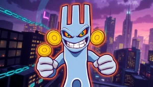 Buy Angry Pepe Fork with vibrant mascot engaging in crypto gaming on a futuristic blockchain