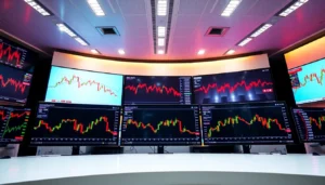 UK Stock Market News updates displayed on monitors in a professional trading environment for