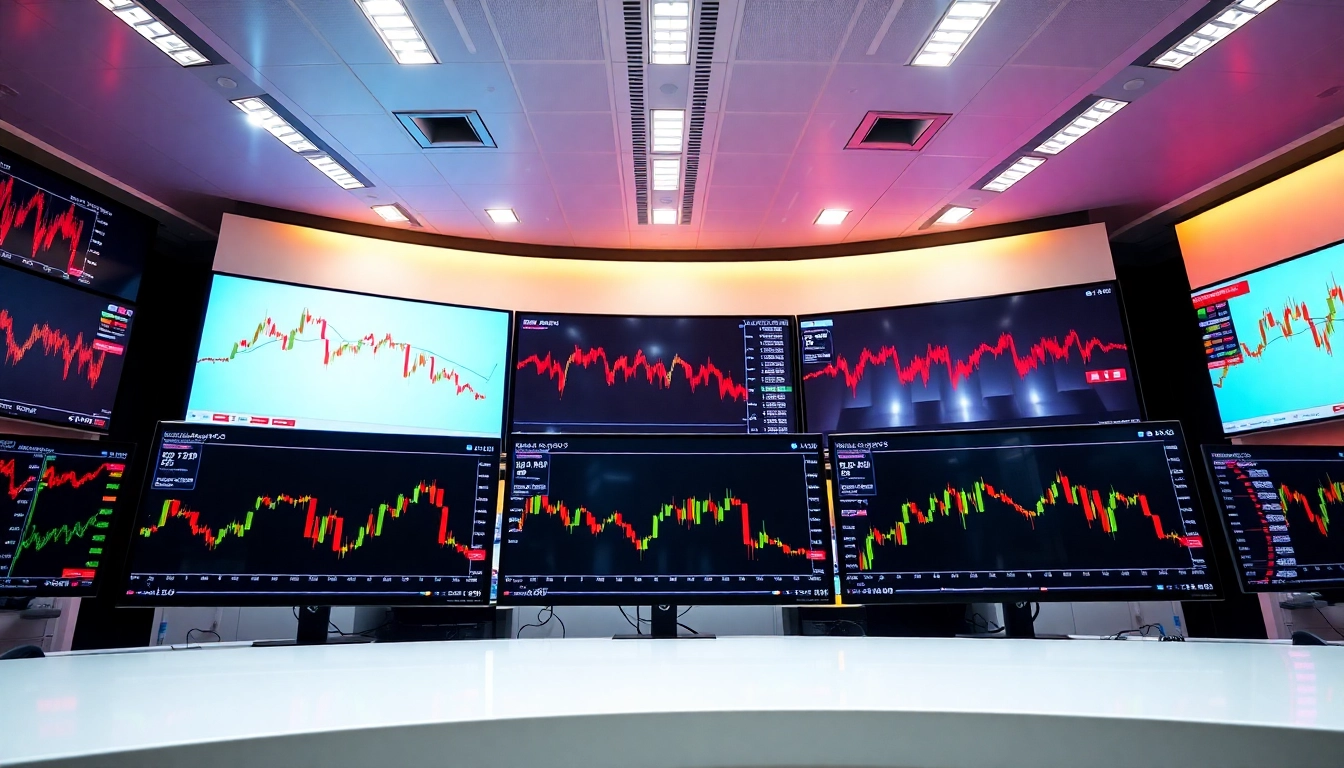 UK Stock Market News updates displayed on monitors in a professional trading environment for